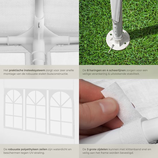 tectake® Pavillon - avec armature renforcée - Tente de réception 3x3 m - Bâche imperméable - Panneaux latéraux amovibles - Pavillon de jardin résistant aux intempéries - Lignes de tension et piquets inclus - Blanc - Tente pliante pop-up