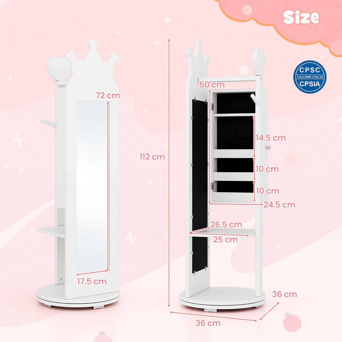 Coast : armoire à bijoux pour enfants - miroir sur pied - pied pivotant - cintre et étagères - rose/blanc