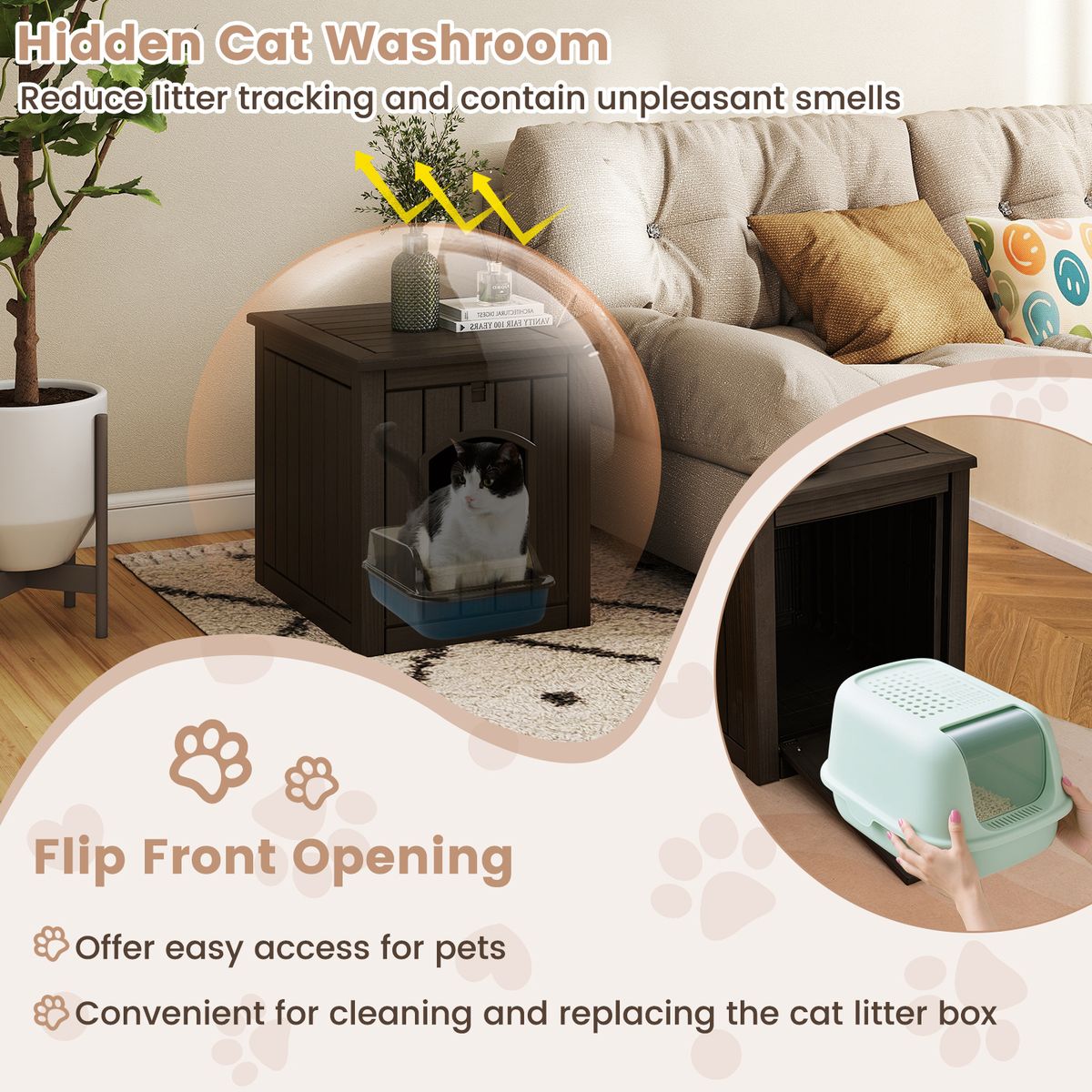 Maison pour chat Coast pour l'intérieur et l'extérieur - Meuble-litière dissimulé - Porte battante à l'avant - Noir et marron clair