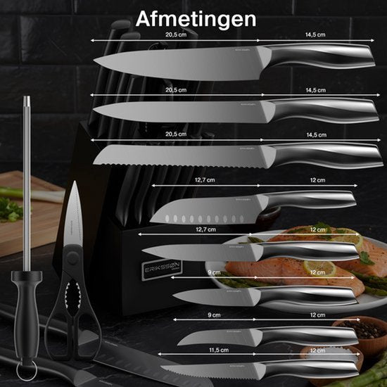 Ensemble de 16 couteaux Erikssøn Kitchen avec bloc à couteaux - Sans BPA ni PFAS - Avec bloc, aiguiseur et ciseaux - Couteaux de cuisine - Couteau de chef - Couteau à viande - Résistant aux rayures - Acier inoxydable 3Cr13 - Noir