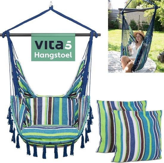 Vita5 XXL Chaise suspendue - Intérieur et extérieur - 2 coussins inclus - compartiment à livres - adultes - enfants - capacité de charge maximale 150kg - bleu/vert/blanc