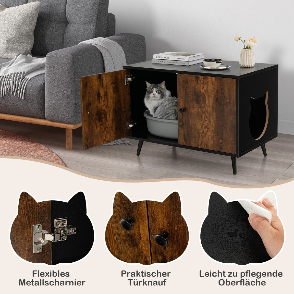 Coast Cat Cabinet Cat Toilet Cat House with double doors and entrance 80 x 50 x 57 cm black + Nature