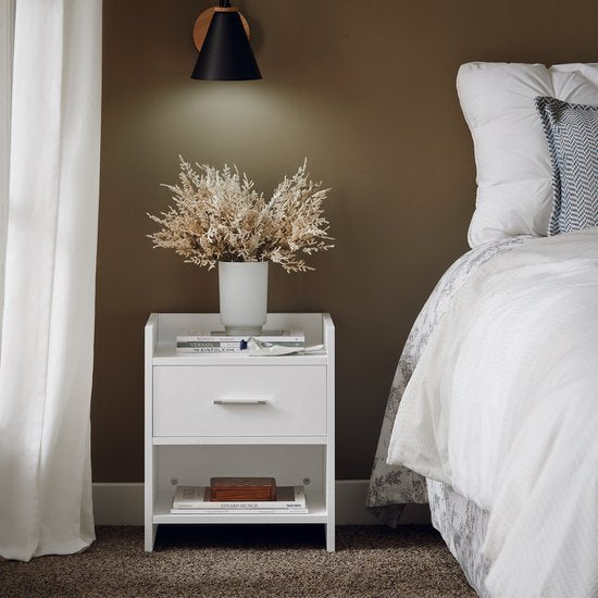 SoBuy FBT66-W Table de chevet blanche - Table d'appoint avec tiroir et 2 étagères - Table basse polyvalente pour chambre, salon et couloir - MDF