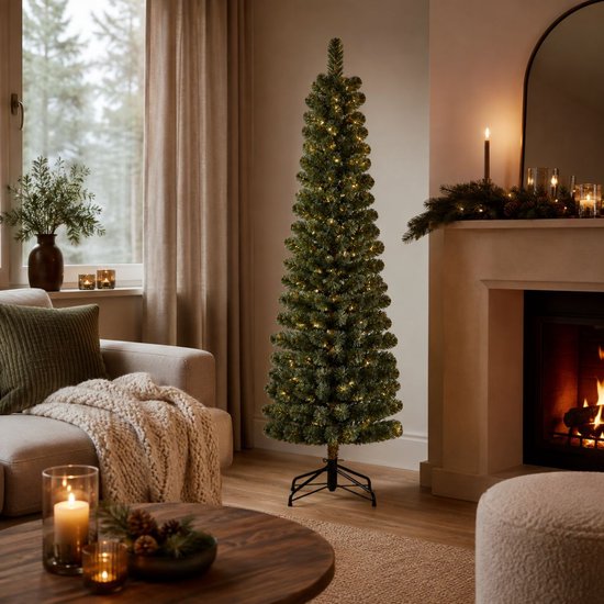 Black Box Trees Charlton : petit sapin de Noël avec minuterie et fonction de variation d'intensité lumineuse - Décoration de Noël d'intérieur pour les fêtes de fin d'année - Sapin artificiel à charnières - H 215 x Ø 56 cm - Vert
