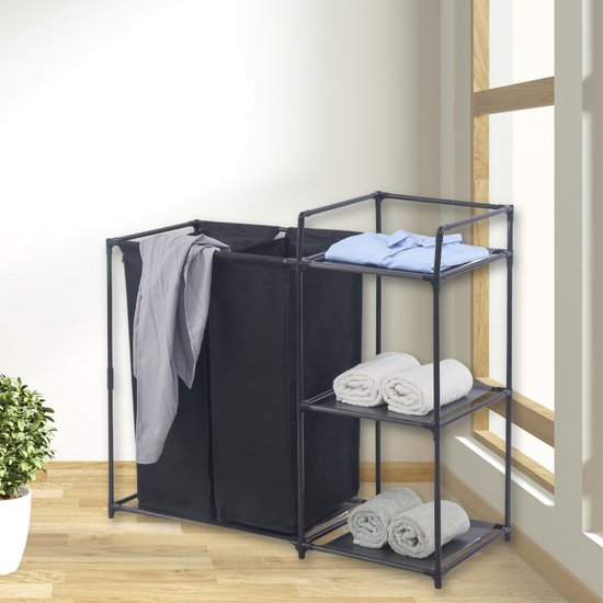 Herzberg HG-04531 : Trieuse à linge avec 2 sacs amovibles et une étagère de rangement à 3 niveaux