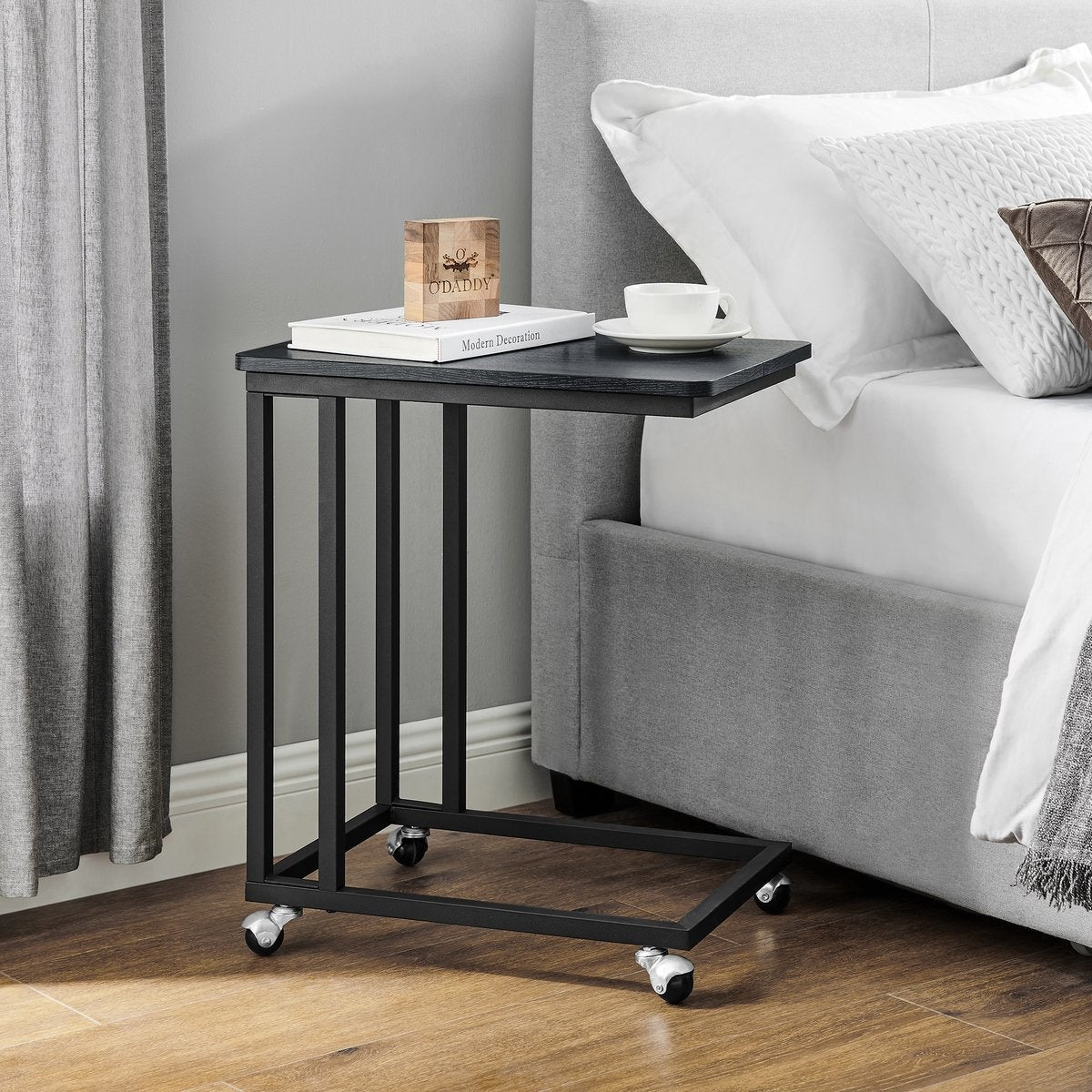 O'DADDY® Table d'appoint - tables d'appoint - table d'appoint en métal et bois - table d'appoint - tables basses - table d'appoint noire - table de chevet à roulettes - table d'appoint à roulettes - table d'appoint - tables d'appoint à roulettes - 50 x 35