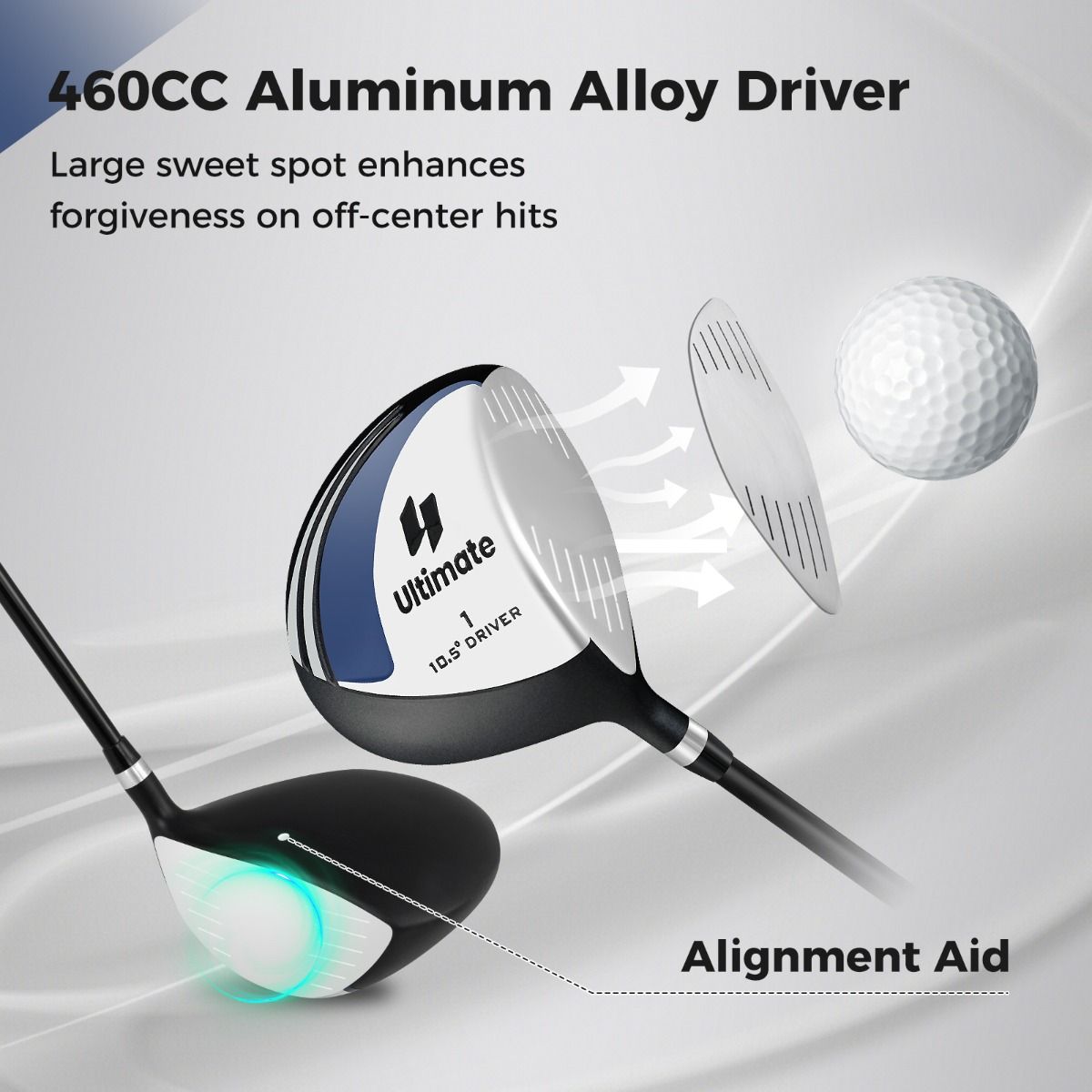 Driver de golf Coast pour homme - Tête de club de 460 cm³ - Manche en graphite - Noir et argent