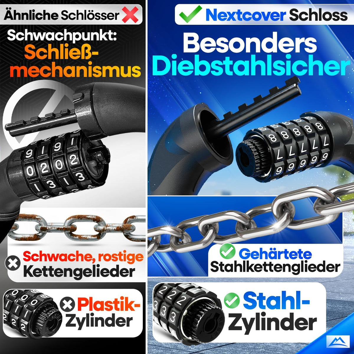 NEXTCOVER® Cadenas pour vélo LockOne avec code de combinaison I - Cadenas à combinaison [SAFESECURE] - Très robuste - 90 cm de long - Réfléchissant