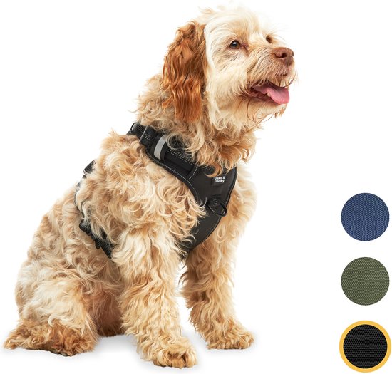 Harnais pour chien Jake et Jacky - Harnais Anti-Trek - Harnais pour chien - Harnais Y pour chien - Réfléchissant - Noir - Taille M