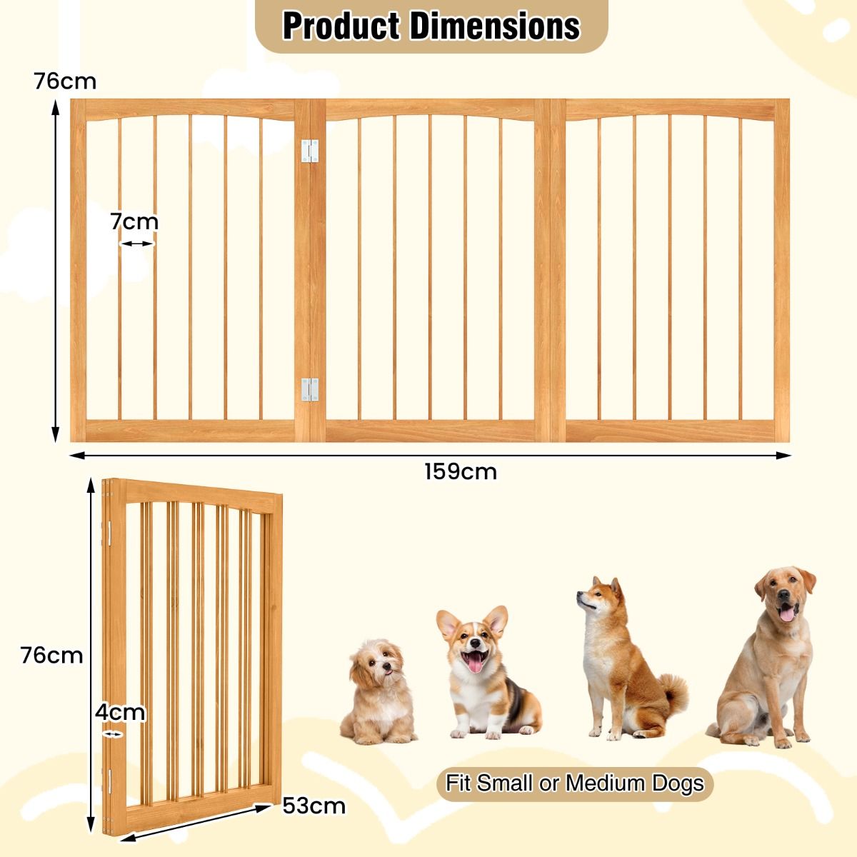 Barrière de sécurité pour chiens Coast - Barrière de protection pliable en 3 parties - bois naturel - 76 cm de haut