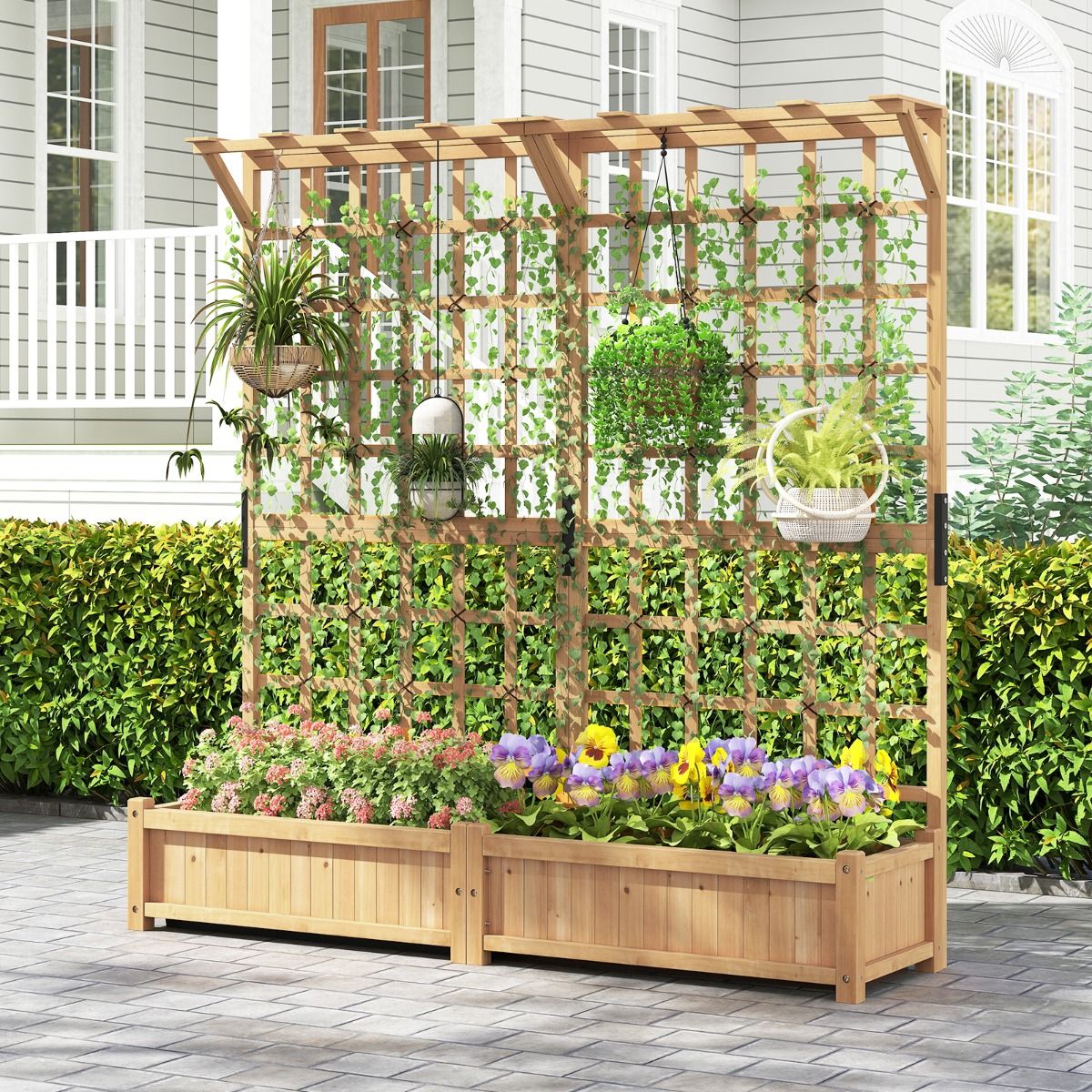 Coast Grande jardinière en bois avec treillis - 2 bacs à fleurs - toit suspendu - couleur naturelle