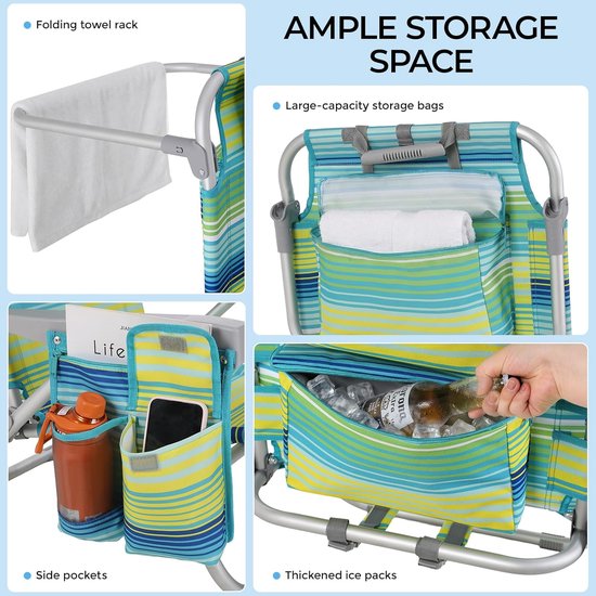 Lot de 2 chaises de plage de luxe - Réglables (5 positions) - Pliables avec sangles de sac à dos, sac isotherme et porte-serviettes - Rayures vertes et bleues