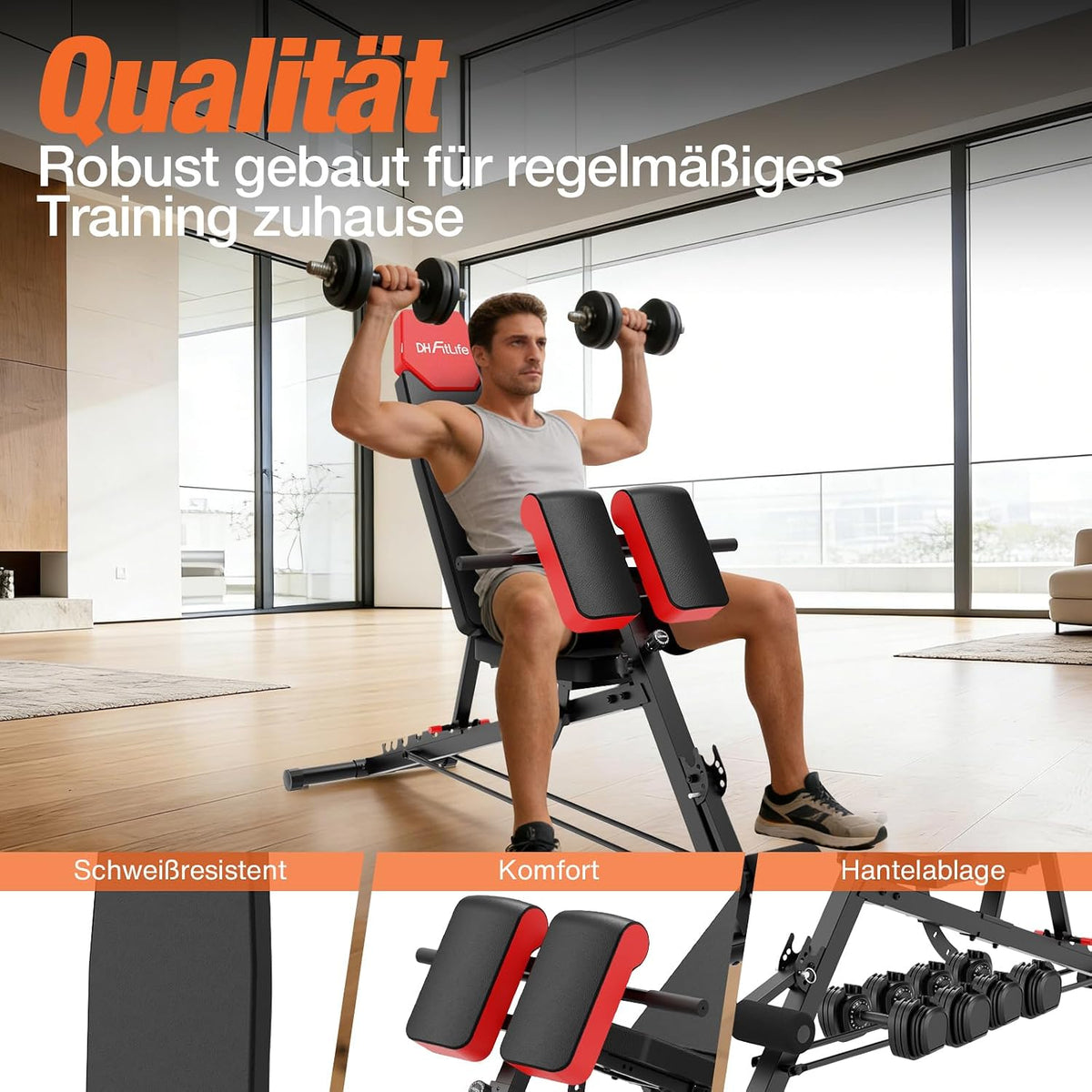 Banc de musculation DH FitLife 6-en-1 - Dossier réglable - Hyperextension et Nordic Curl - Jusqu'à 350 kg - 163 x 50 x 130 cm - Noir