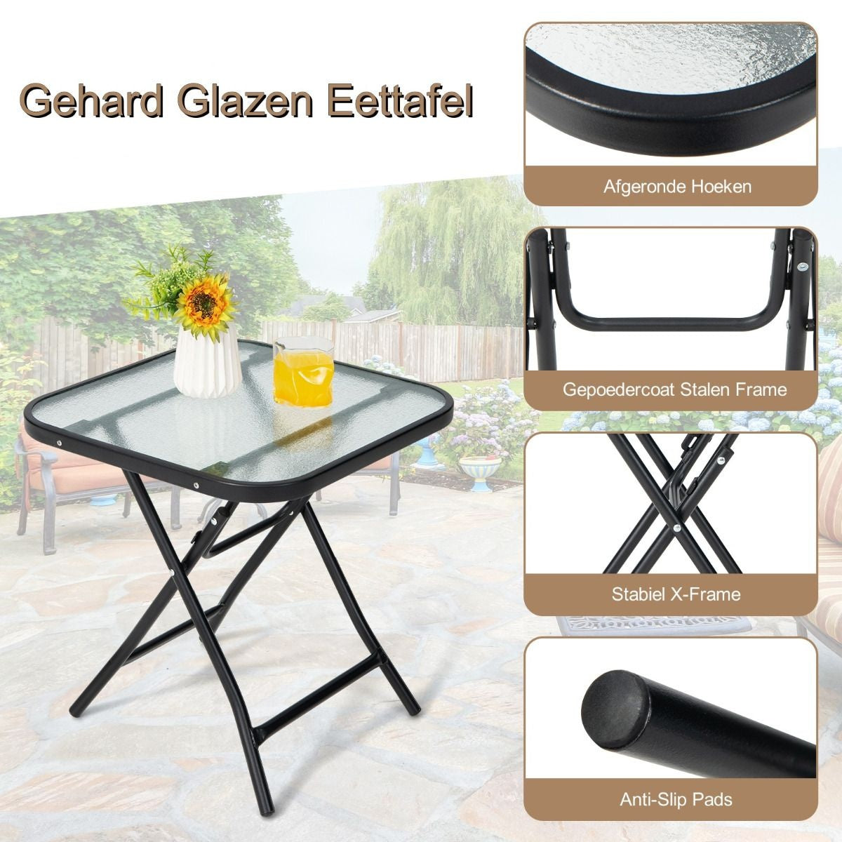 Coast Terrace table d'appoint table carrée en verre avec cadre en inox table basse pliante noire