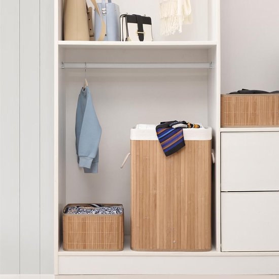 Songmics XL 72 litres - Grand panier à linge pliable - bambou - doublure lavable - 40 x 30 x 60 cm