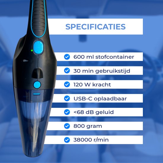 TTD® Premium Aspirateur de voiture sans fil avec sac de rangement de luxe - Extra puissant 14 000 Pa - humide et sec - 2 filtres HEPA de qualité supérieure inclus - Aspirateur de miettes sans fil - Aspirateur de voiture - Aspirateur à main - Dépoussiéreur