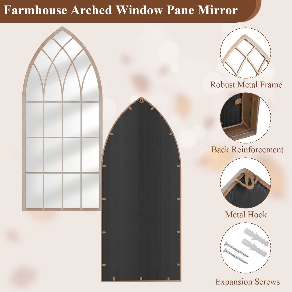 Miroir « Coast » en forme de châssis de fenêtre - miroir mural incurvé - cadre métallique - gris rustique - 115 x 50 cm