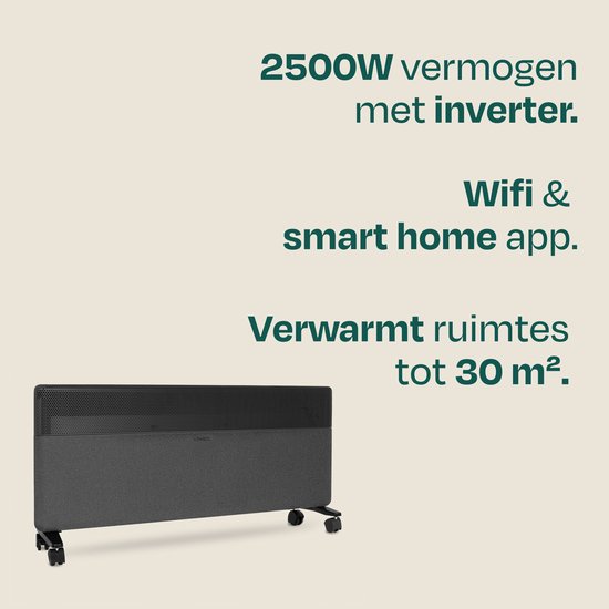 Radiateur électrique de luxe VONROC – Panneau en tissu – Onduleur – 2 500 W – 30 m² – Noir – Wi-Fi