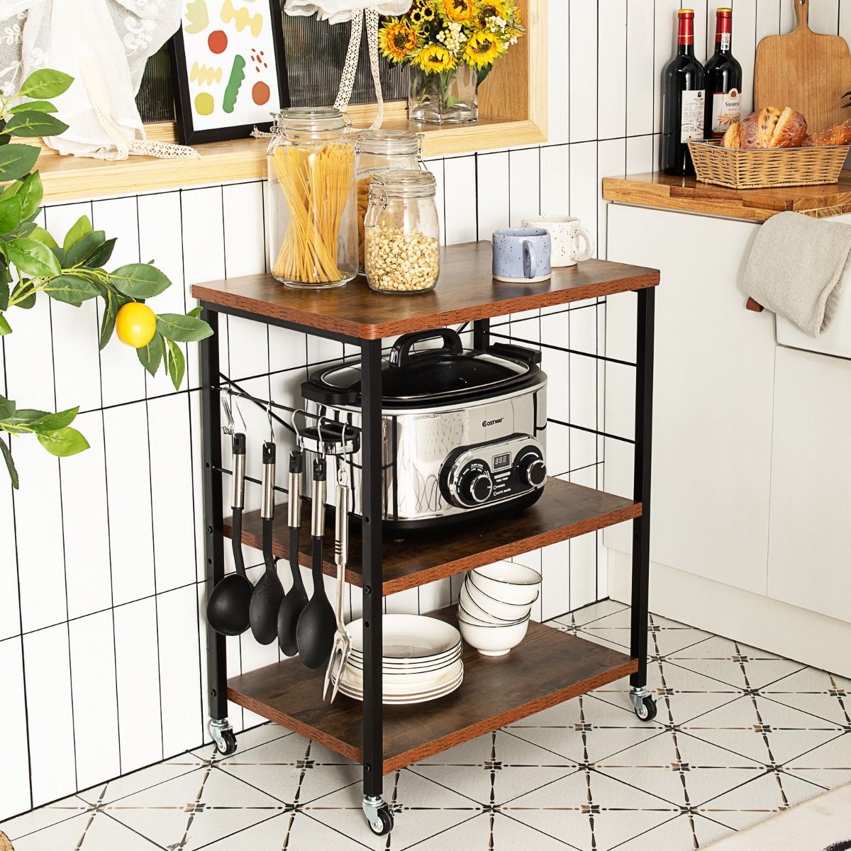 Étagère de cuisine Coast sur roulettes - 3 niveaux - Étagère réglable - Beige/Marron - 60 x 40 x 73,5 cm