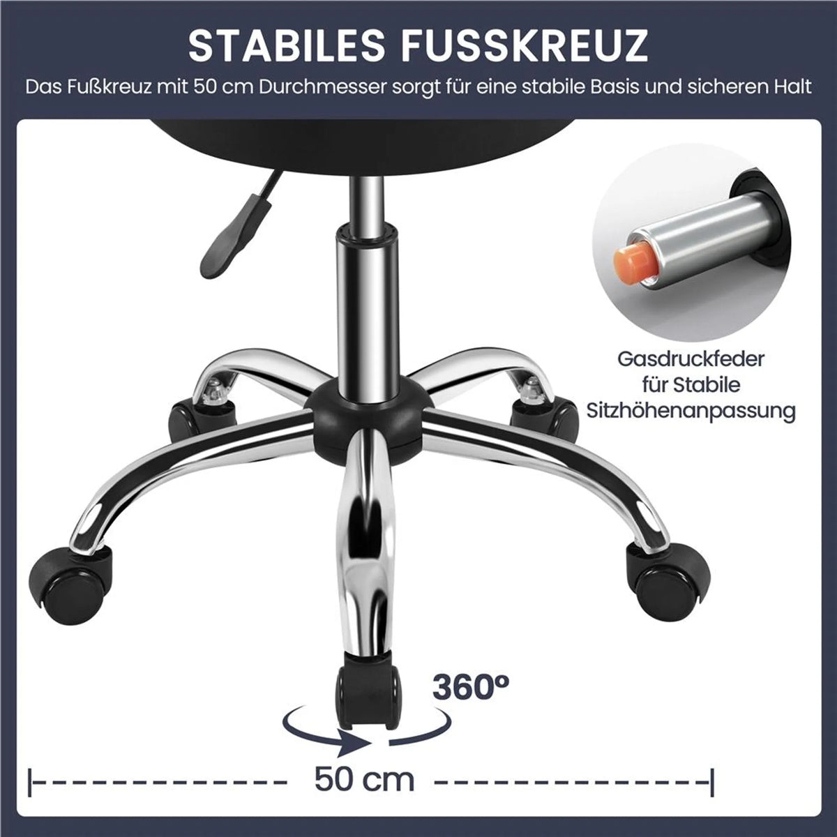 Yaheetech Tabouret de bar réglable en hauteur - équipé d'un coussin de siège de 10 cm d'épaisseur et d'une base pivotante à 360° avec roues - pour bureau, studio et îlot de cuisine - cuir noir et métal - 50 x 50 x 46 - 61,5 cm