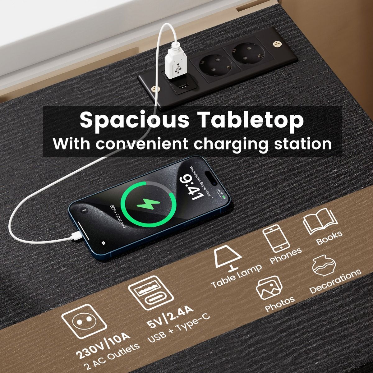 Table de chevet Coast avec station de recharge - 3 tiroirs - Finition bois - Blanc/Noir - 38 x 35 x 66 cm