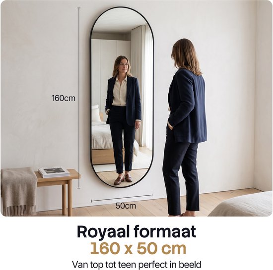 Miroir mural Infinity Goods ovale - 160 x 50 cm - Miroir design - Miroir à fixation murale - Bordure métallique - Style moderne - Miroir de dressing - Noir
