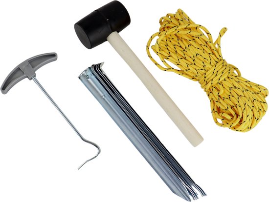 Kit de camping 9 pièces - Marteau - Piquets - Corde - Tire-piquet - Camping - Métal