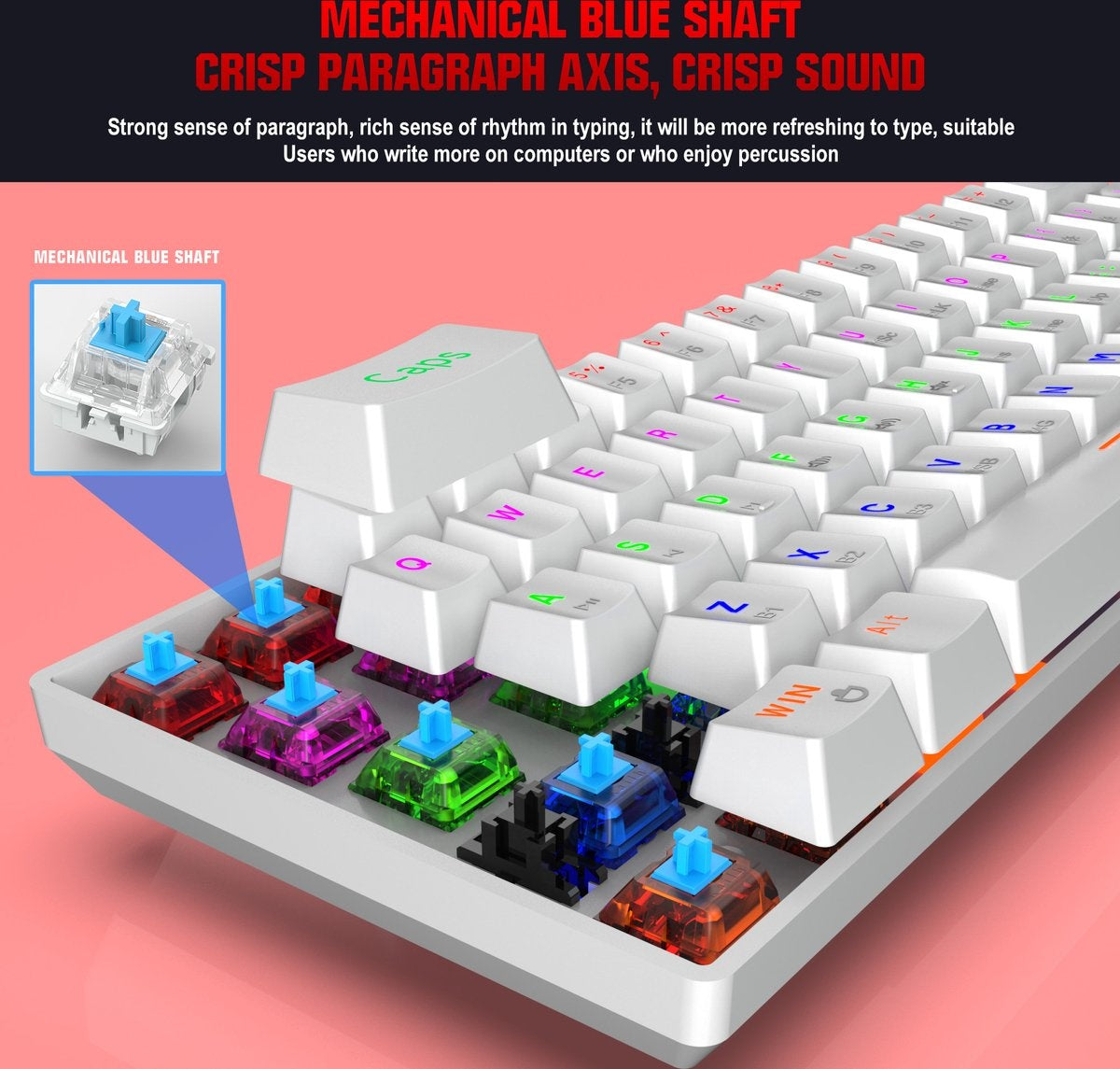 HXSJ L800 Wireless Mechanical TKL Gaming Keyboard - RGB - filaire / 2.4GHz RF / Bluetooth - QWERTY - 61 touches - commutateur bleu - blanc