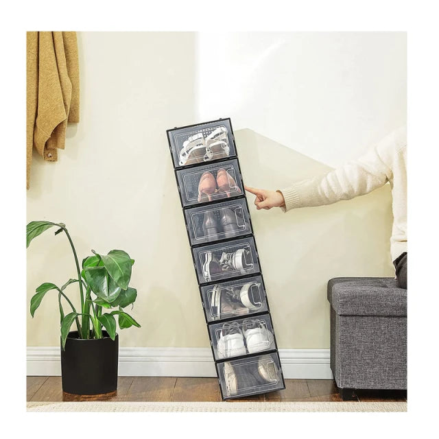 Boîtes à chaussures pliables Songmics, lot de 18 - 33,3 x 23 x 14 cm – Boîtes de rangement en plastique noir avec porte