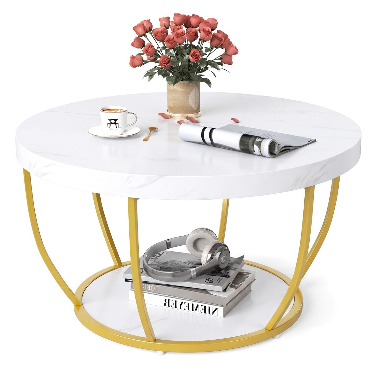 Table basse ronde Coast - 2 niveaux - structure métallique - blanche - 80 x 45 cm