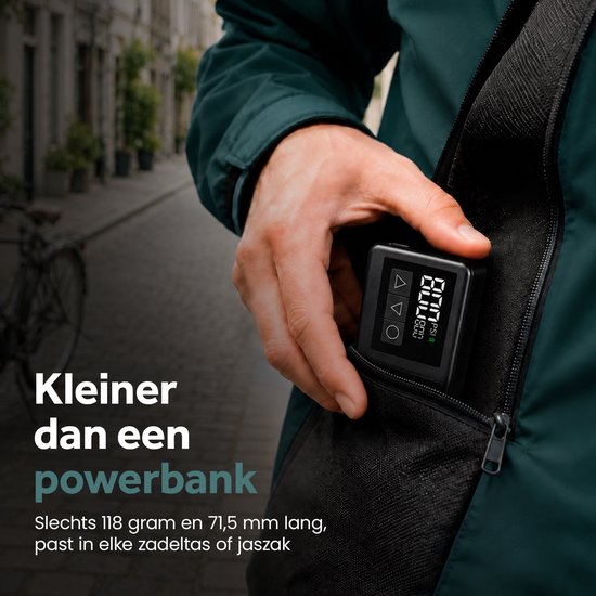 Pompe à vélo électrique Tikkens® AirGo XS - Mini-compresseur - 118 grammes - Portable - Écran numérique - Vélo de course - Vélo de route - Vélo de gravel - Vélo de sport - Vélo de ville - VTT - Trottinette - Fatbike - Rechargeable via USB-C - Presta/Schra