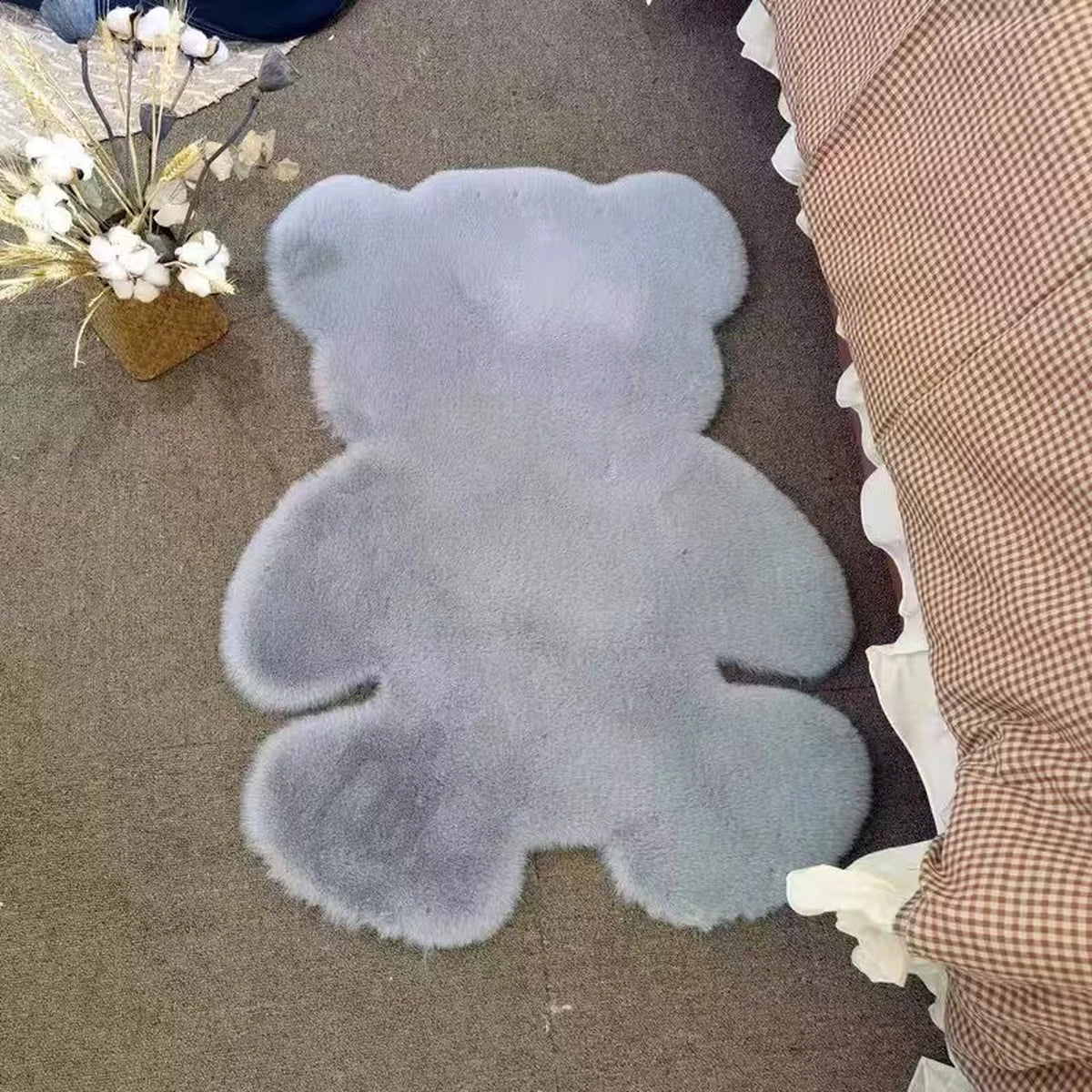 Tapis de sol en forme d'ours, motif fourrure de lapin - Gris - 70 x 90 cm - Antidérapant