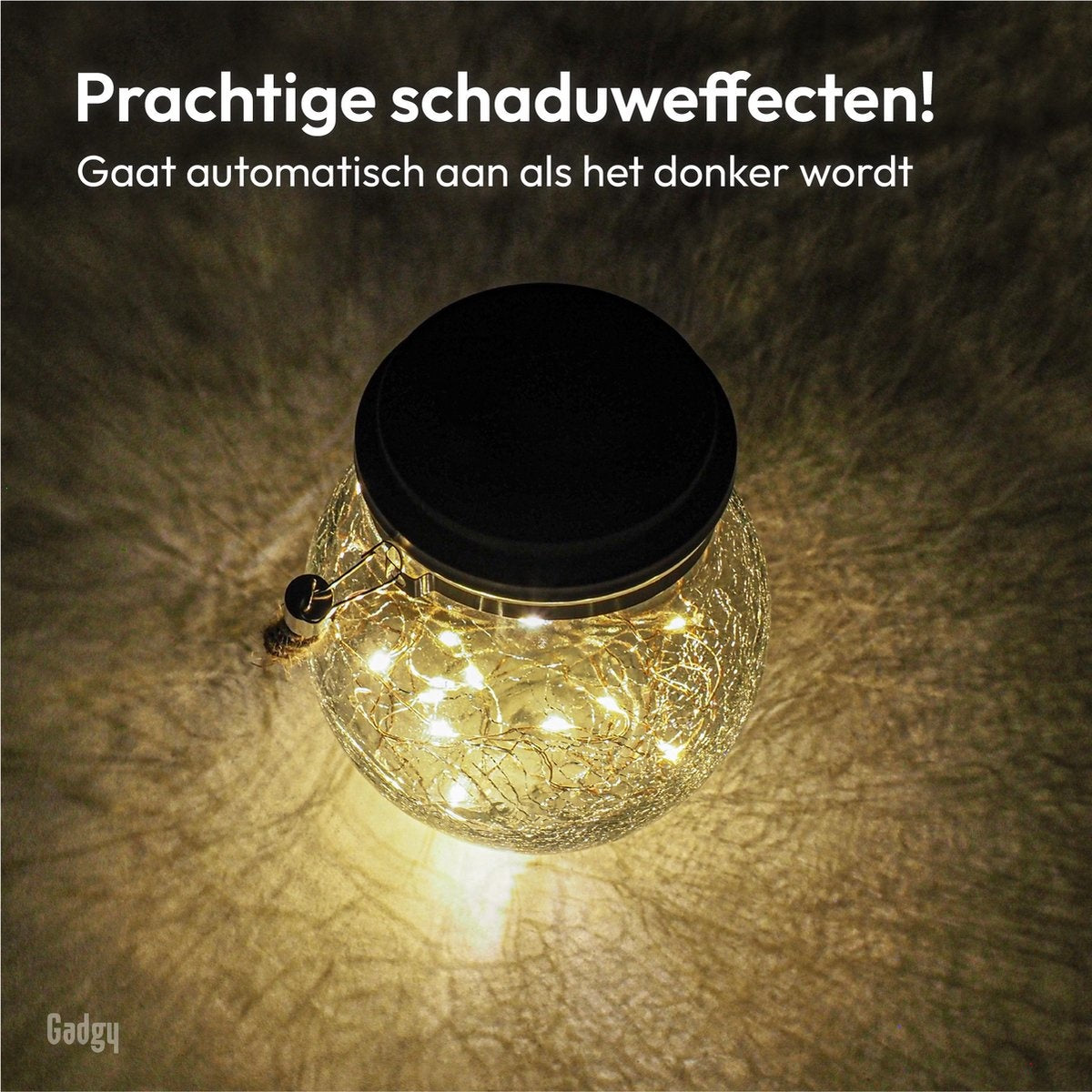 Gadgy Solar Lantaarn Craquelé Glas met 20 fairy lights - Tafellamp Set van 2 - Solar tuinverlichting op zonneenergie - Led buitenverlichting met dag/nacht sensor - Hanglamp - Tuinlantaarn - 13.5 x Ø12CM
