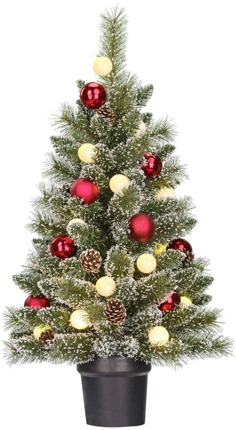 Black Box Trees Kaprun : sapin de Noël artificiel avec illuminations - Sapin de Noël artificiel H 90 x Ø 51 cm - en pot avec décorations - Vert, rouge, givré