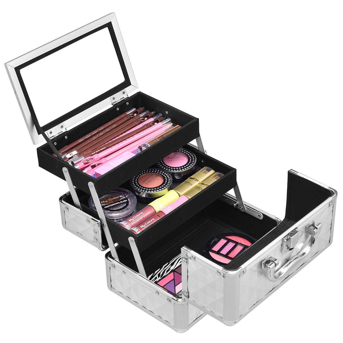 Trousse de maquillage Coast - portable et professionnelle - avec miroir et compartiments réglables - argentée
