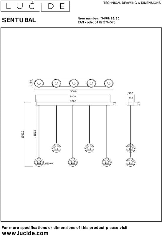 Lucide SENTUBAL - Suspension - LED à intensité variable - 5 x 5,3 W, 2700 K - Noir