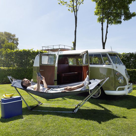 Hamac Campart avec support BE-0640 - Pliable et léger - Structure en acier - Capacité de charge de 150 kg - Sac de rangement inclus - Bleu