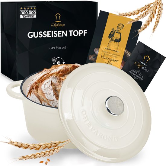 Casserole en fonte Chefarone 3,5 L - Sans PFAS - Avec couvercle - Compatible avec toutes les sources de chaleur - Émaillée blanc crème