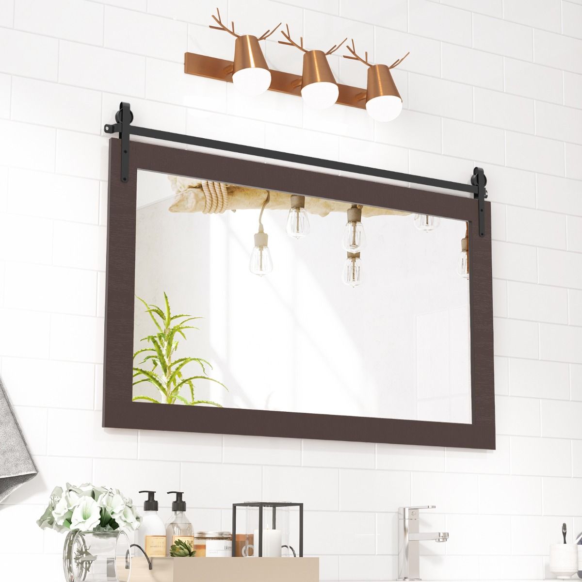 Miroir mural Coast - cadre rectangulaire en bois massif - verre incassable - marron foncé 100 x 66 cm