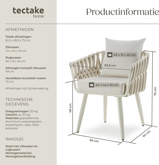 tectake® Chaise de jardin Lugano - Chaise longue avec structure en aluminium - Chaise d'extérieur au design « corde » - Fauteuil d'extérieur avec coussins épais - Pour le jardin ou le balcon - Chaise de terrasse - Résistante aux UV et aux intempéries - An