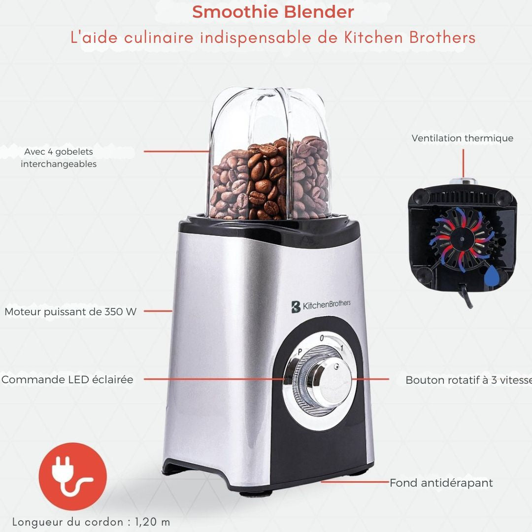 Mixeur Smoothie - KitchenBrothers - 13 Pièces - 4  Gobelets - 350W - acier inoxydable