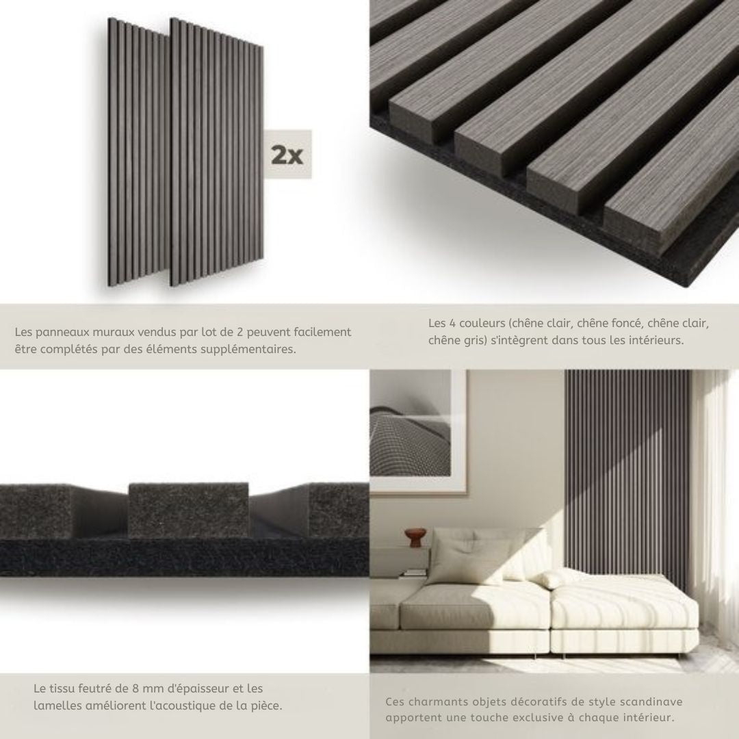 Panneau mural acoustique tectake®  - Lot de 2 - 60 x 120 cm - 1,44 m² - taille réglable - lattes en MDF et placage bois - Insonorisation - Décoration - Assemblage facile - Chêne gris clair
