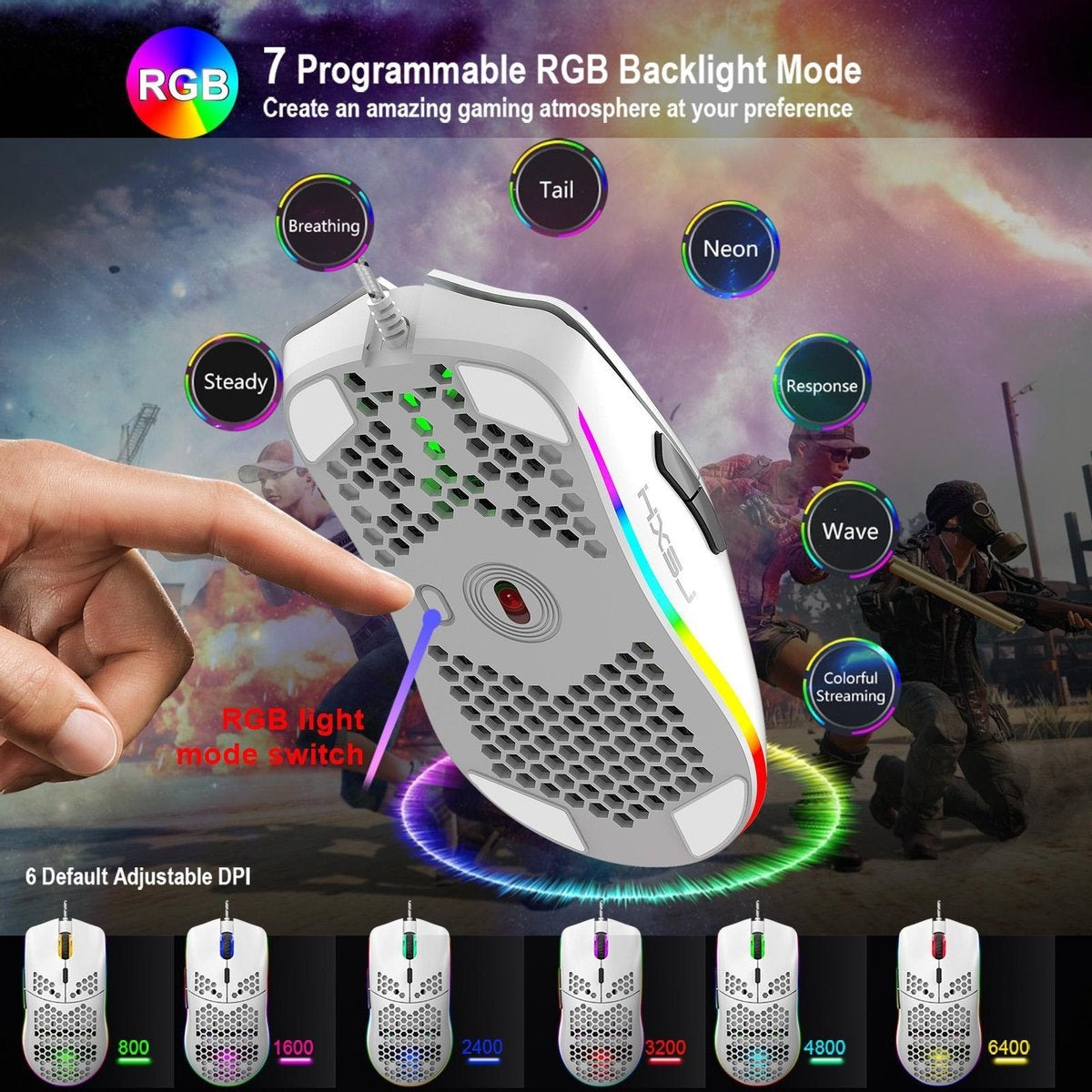 HxSJ - Souris de jeu J900 - Ultra-légère - Éclairage RGB - 6400DPI - Blanc