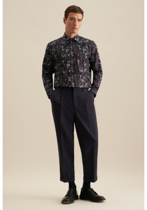 Seidensticker Regular Fit Shirt - 43 - Navy - Printed - Twill - Business Kent Collar