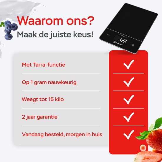 Kitchenwell Balance de cuisine numérique de précision - Balance de cuisine - 1gr - 15kg - Fonction tare - Rechargeable par USB - Noir