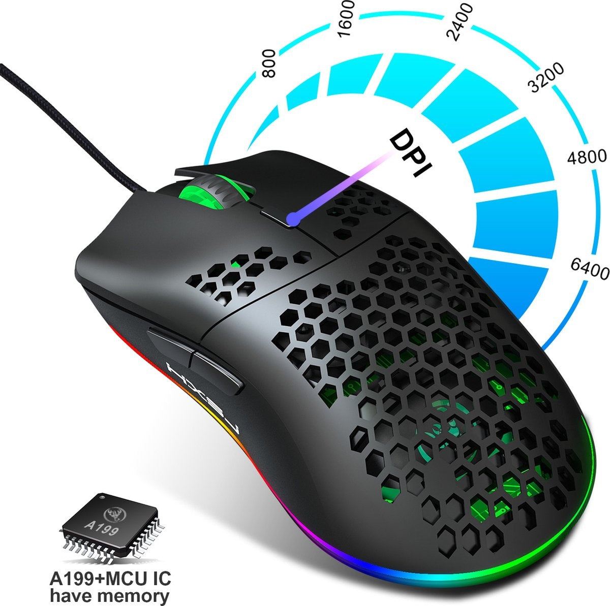 HXSJ J900 Souris de jeu optique - Ultra légère - Illumination RGB - 6400 DPI - Noir
