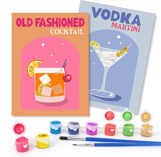 Rubye® Painting By Number Adults - Vodka Martini - Cocktails - Peinture et pinceaux inclus - Toile à peindre - Couleurs par numéro - Double Set - 15x20cm
