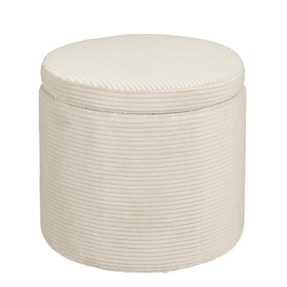 Mica Decorations : pouf de rangement rond avec couvercle - Ø 42 x 40,5 cm - Polyester avec structure en bois - Blanc cassé