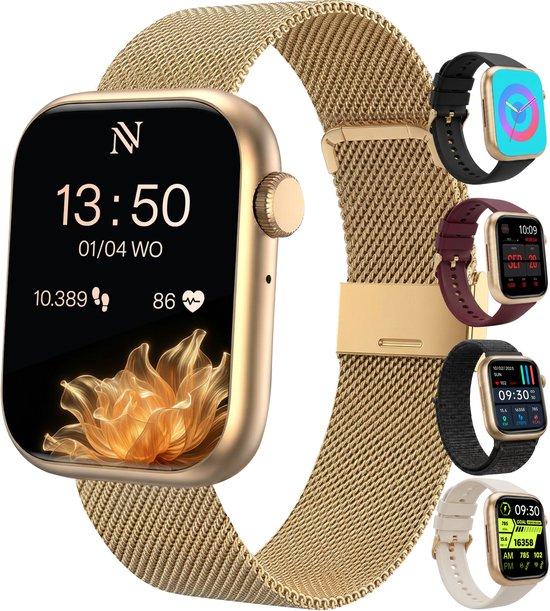 Montre connectée Nuvance pour femme - Montre podomètre pour femme - Cardiofréquencemètre - Montre de sport - Compatible iOS/Android - Écran AMOLED - 5 bracelets inclus - Couleur or