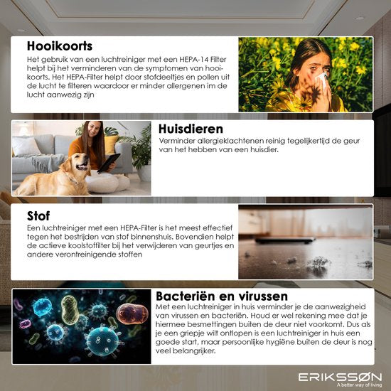 Erikssøn Air Purifier Prime - 70 m3/h - Contre les acariens, le rhume des foins, les allergies, la poussière - Avec filtre HEPA 13 + filtre à charbon - Purificateur d'air - Clean Air
